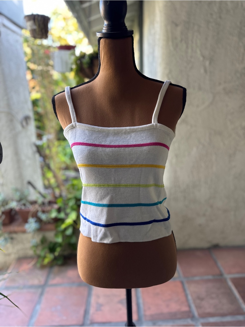 Vtg Y2K White Knit Strappy Tank with Rainbow Stripes